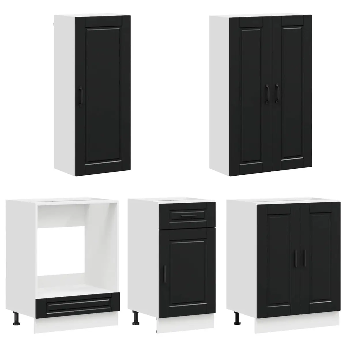 Black Kitchen Cabinet Unit 5 Piece Engineered Wood Storage Furniture Adjustable Feet