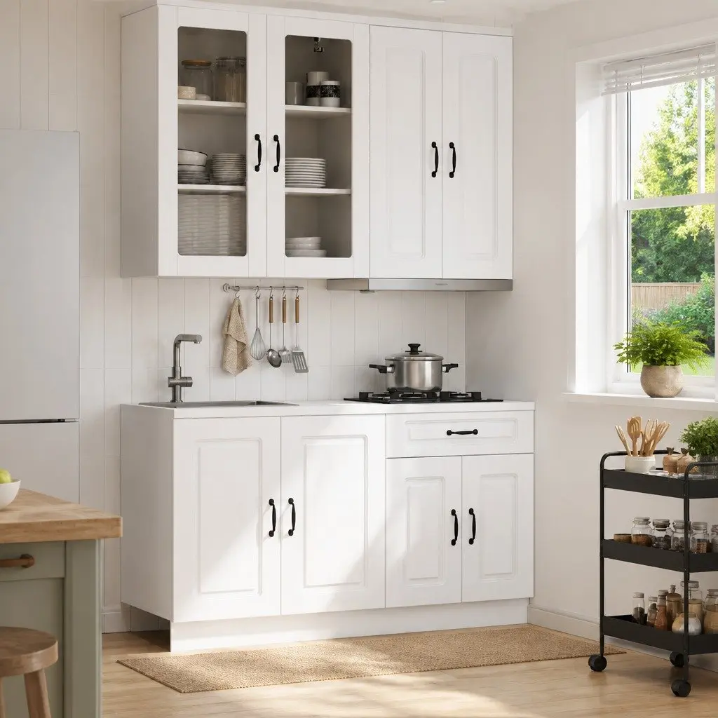 Kitchen Cabinet Unit White 4 Piece Engineered Wood Storage Adjustable Feet