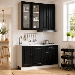 Kitchen Cabinet Unit 4 Piece Black Engineered Wood Storage Adjustable Feet Wall