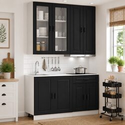 Kitchen Unit 4 Piece Black Storage Cabinet Set Engineered Wood Modern Design