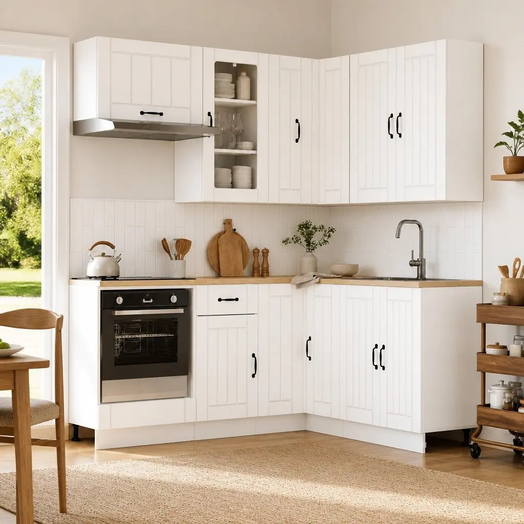 Kitchen Cabinet White 8 Piece Engineered Wood Modern Storage Unit