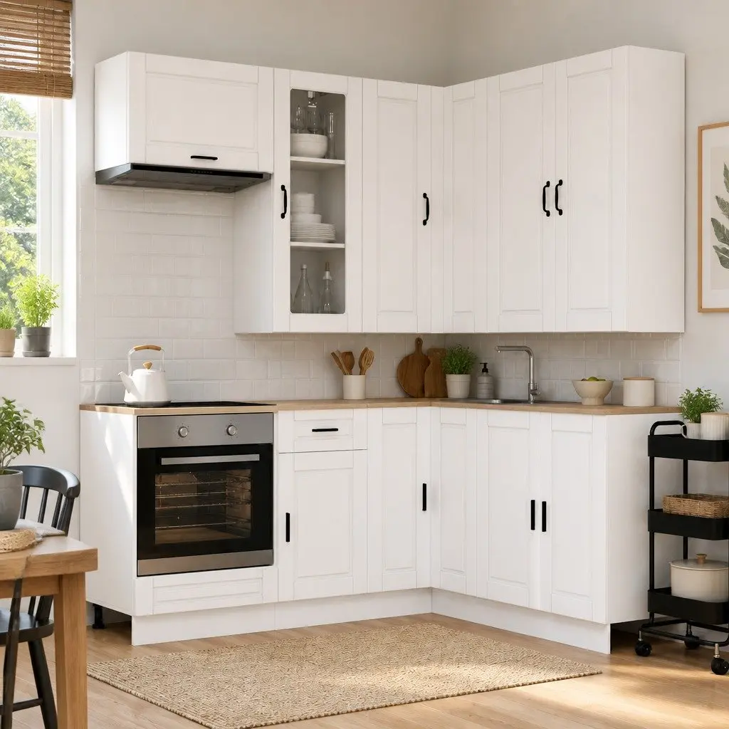 8PieceWhiteEngineeredWoodKitchenStorageUnitModernDesignWithAdjustableFeetAndWallAttachment