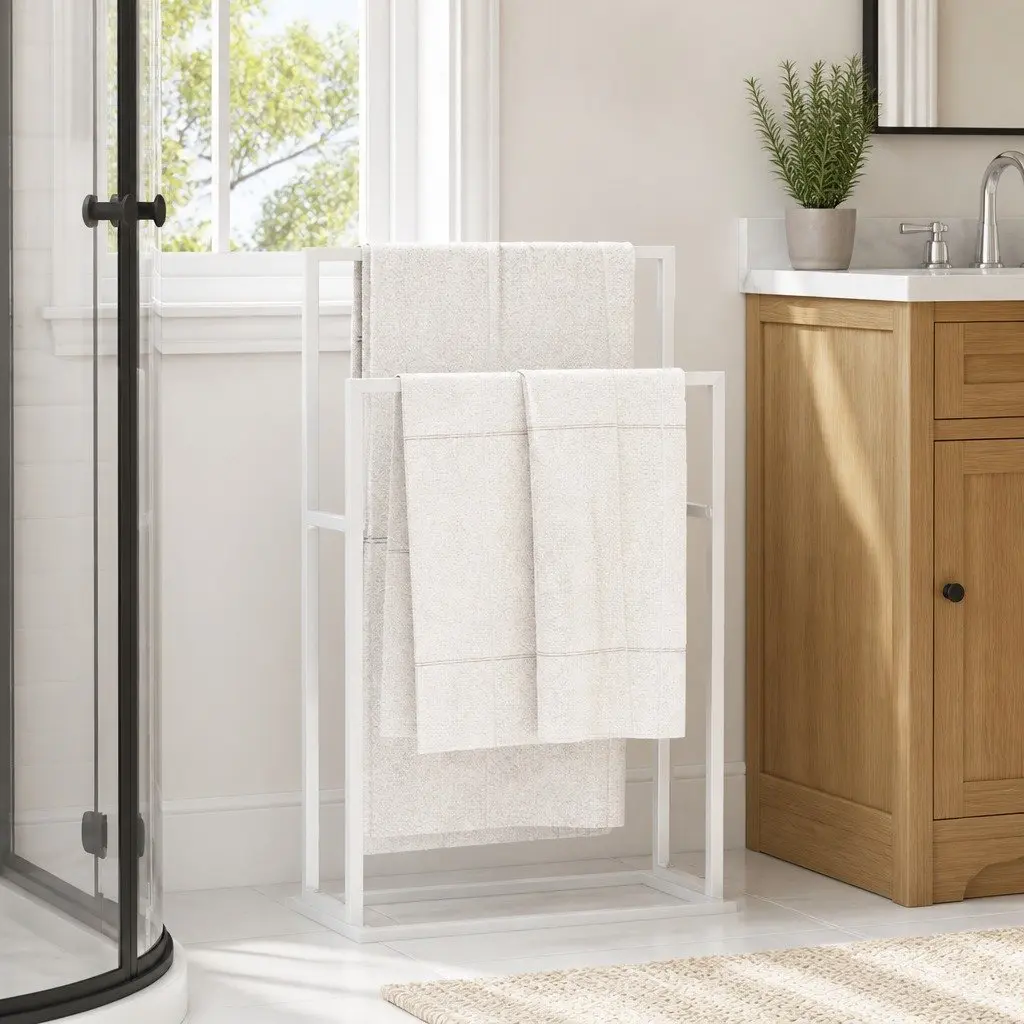 White Freestanding Towel Rack 2-Tier Organiser for Bathroom Storage and Accessories