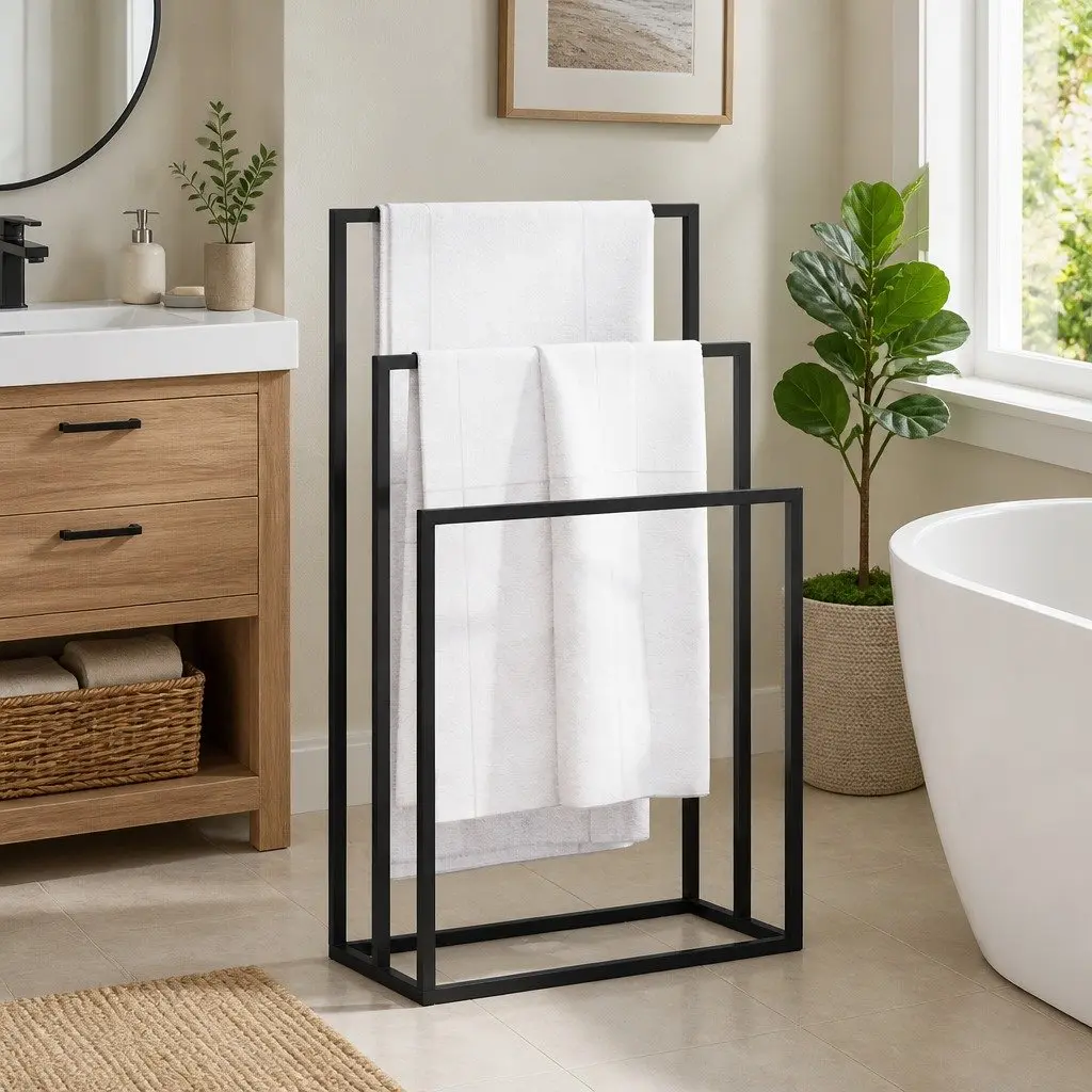Freestanding Towel Rack Black 3 Tier Iron Bathroom Storage Holder Organiser