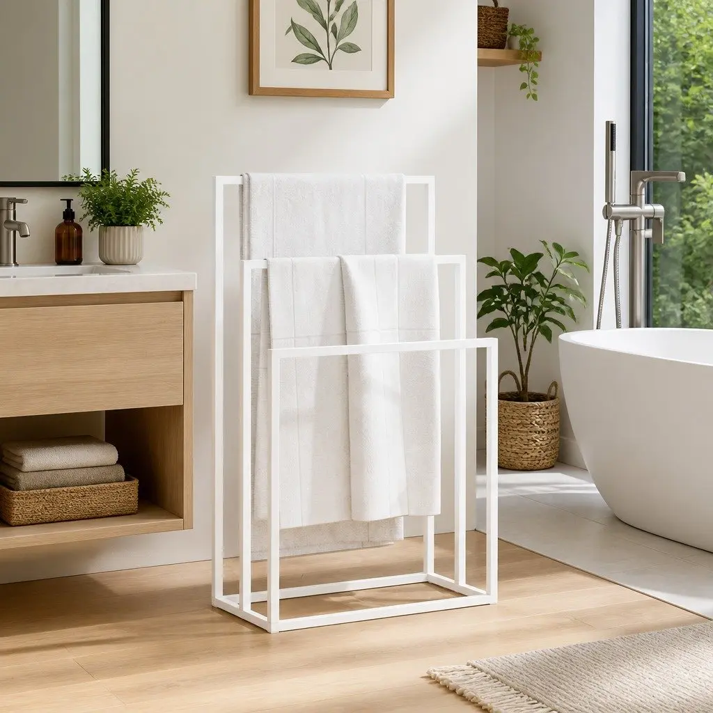 Freestanding Towel Rack White 3 Tier Iron Frame Bathroom Storage Organiser