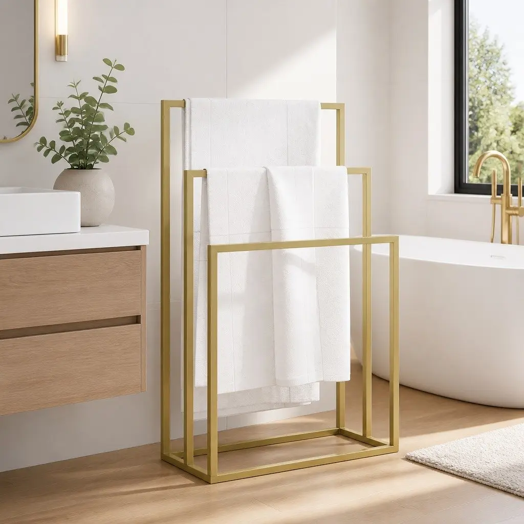 Freestanding Towel Rack Gold 3 Tier Iron Bathroom Storage Holder Organiser
