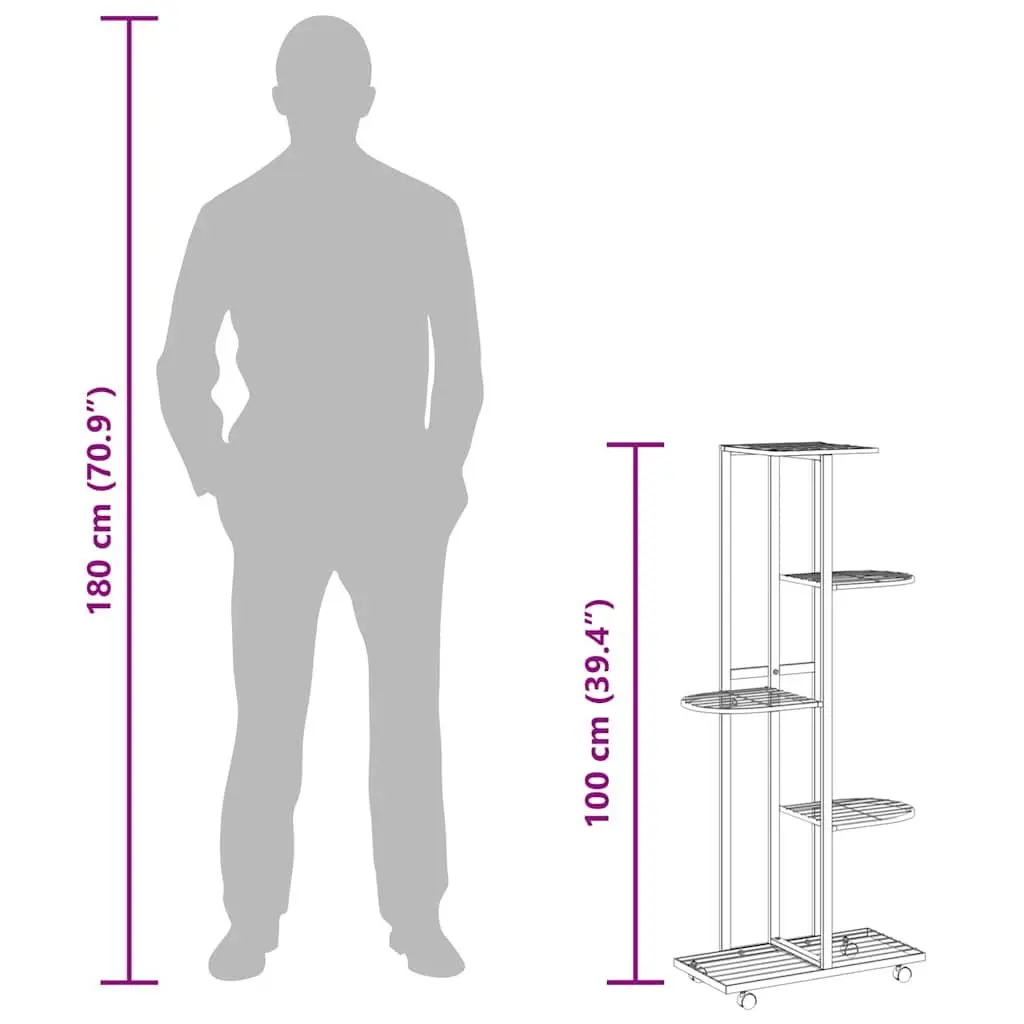 5-Tier Flower Stand Black Iron Plant Rack Corner Shelf Display Stand with Wheels