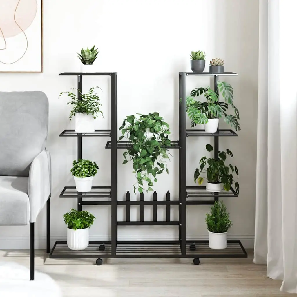 Plant Stand Black Iron with Wheels Multi Shelf Display Rack