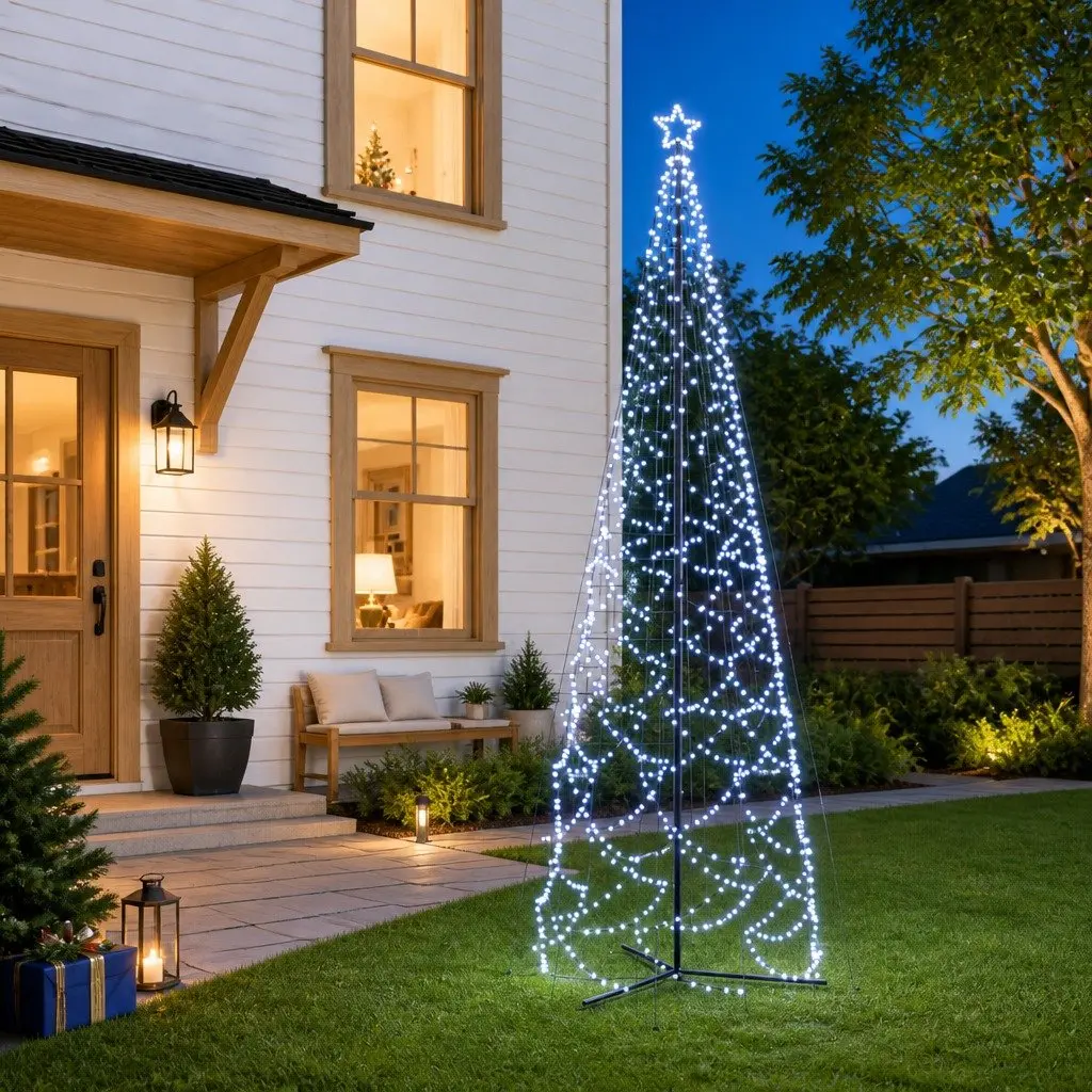Christmas Cone Tree Cold White 500cm Tall 160cm Wide 1400 LEDs Zigzag Shape 8 Lighting Effects