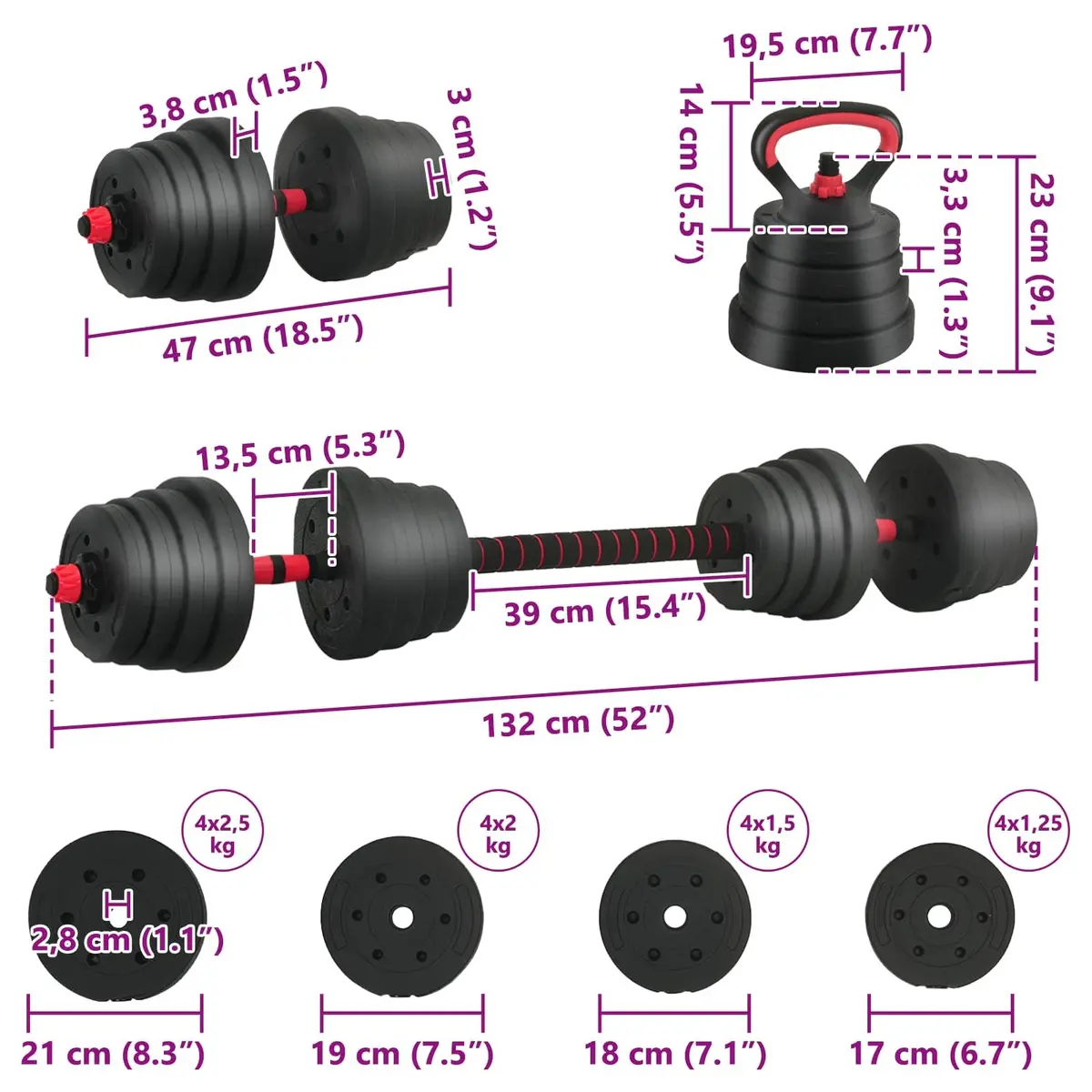 4-in-1 Adjustable Dumbbell Set Black 40kg Removable Weight Plates with Double-locking Safety Mechanism