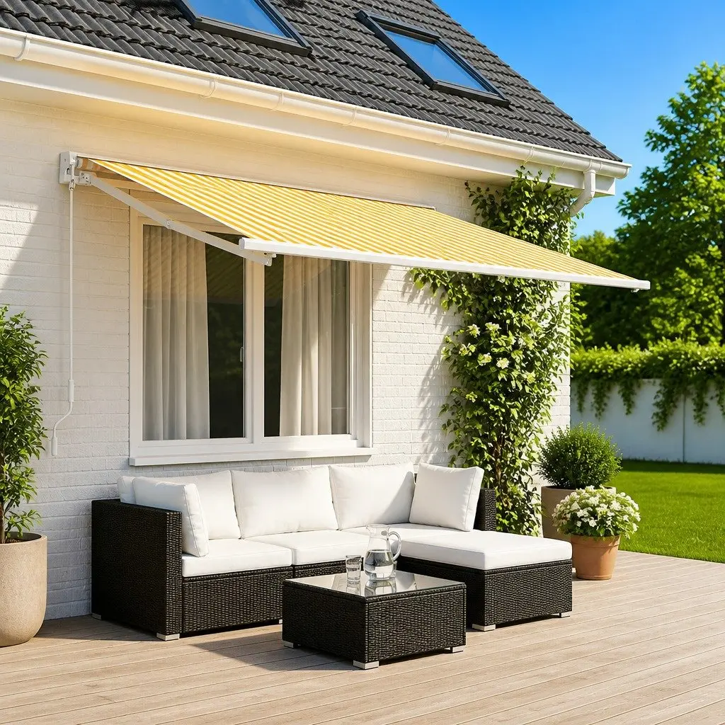 Awning Replacement Fabric Yellow White 400 x 350 cm UV Resistant Weather Resistant Polyester Outdoor Shade Garden Terrace