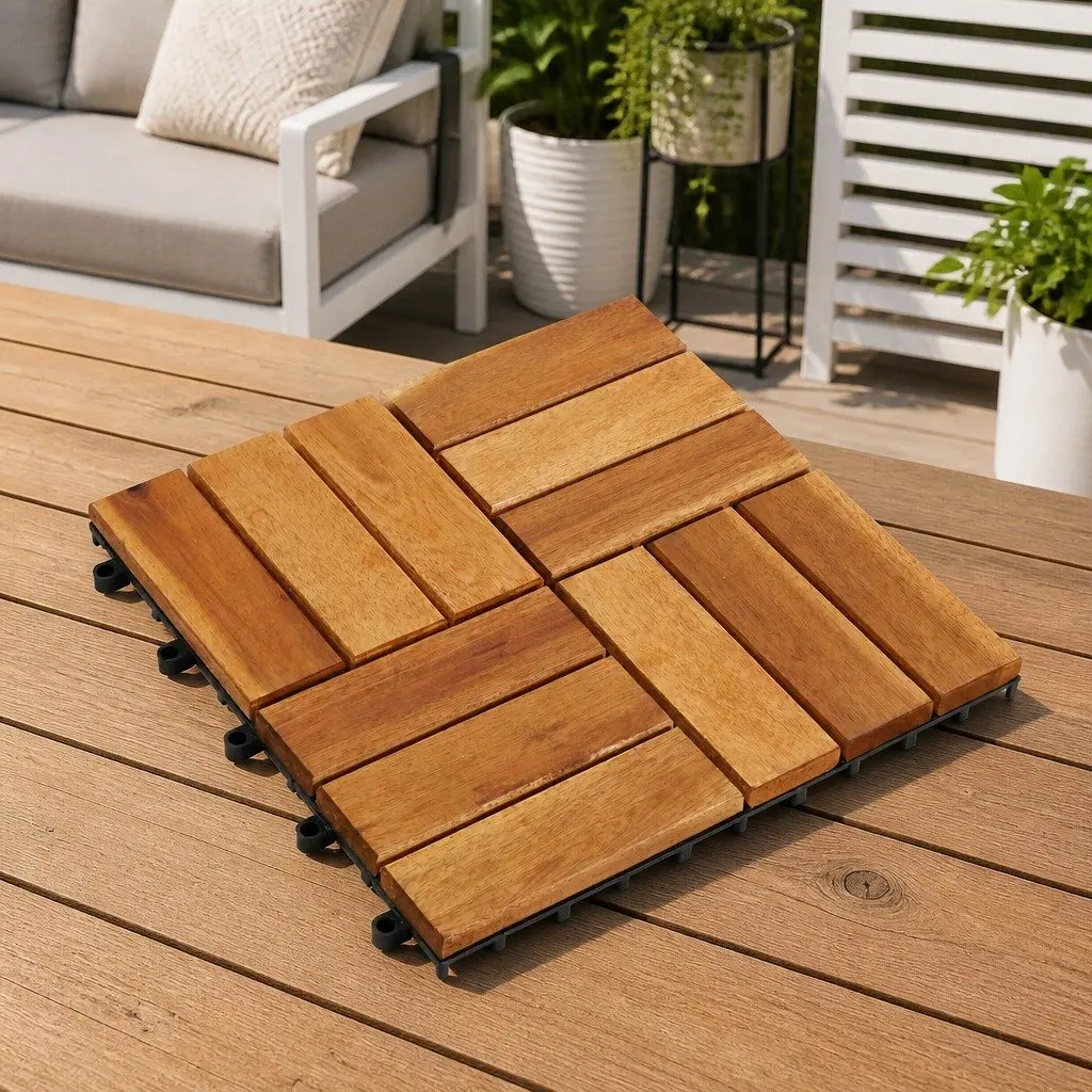 Acacia Hardwood Decking Tiles 30x30cm Interlocking Brown Square Outdoor Patio