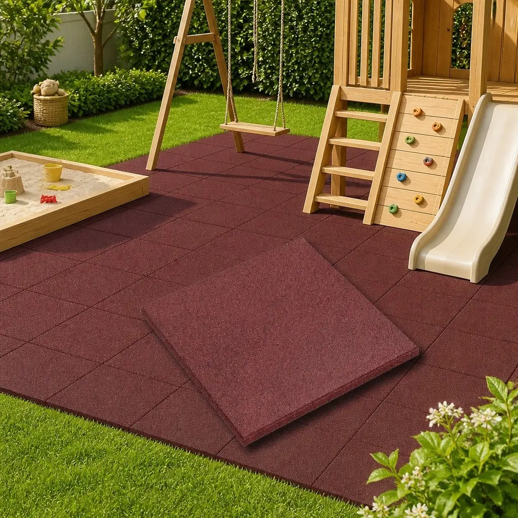 Fall Protection Tiles Red 50 x 50 cm 3 cm Thick High-Density Rubber for Outdoor Garden Play Area Flooring 12 Piece