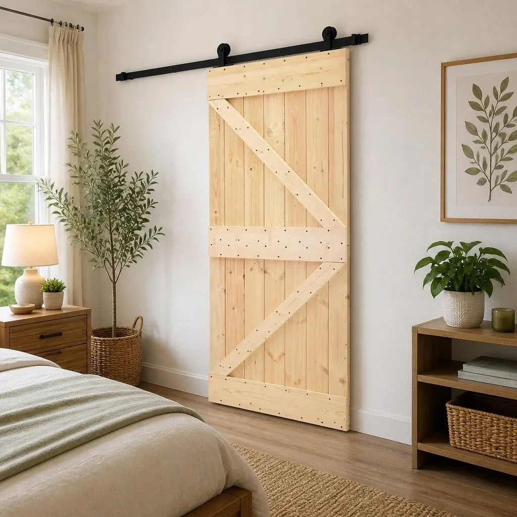 Sliding Door Solid Pine Wood 80 x 210 cm Natural Brown Black Modern Room Divider