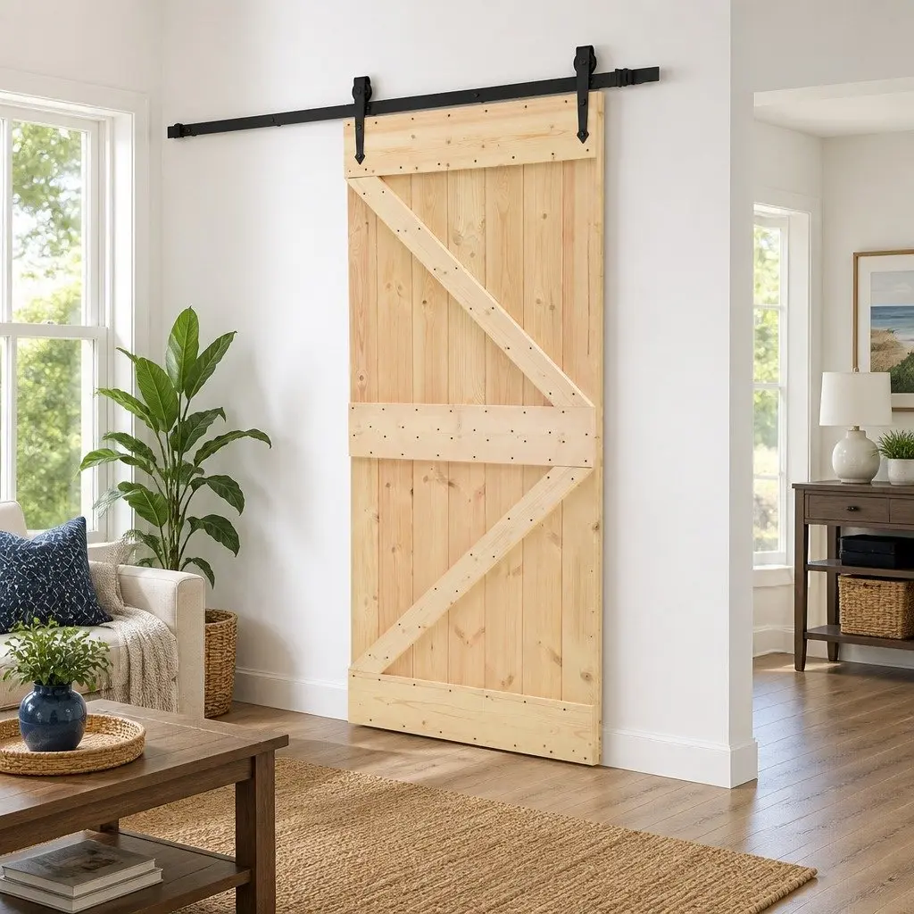 Sliding Door 90 x 210 cm with Pine Wood and Steel Track