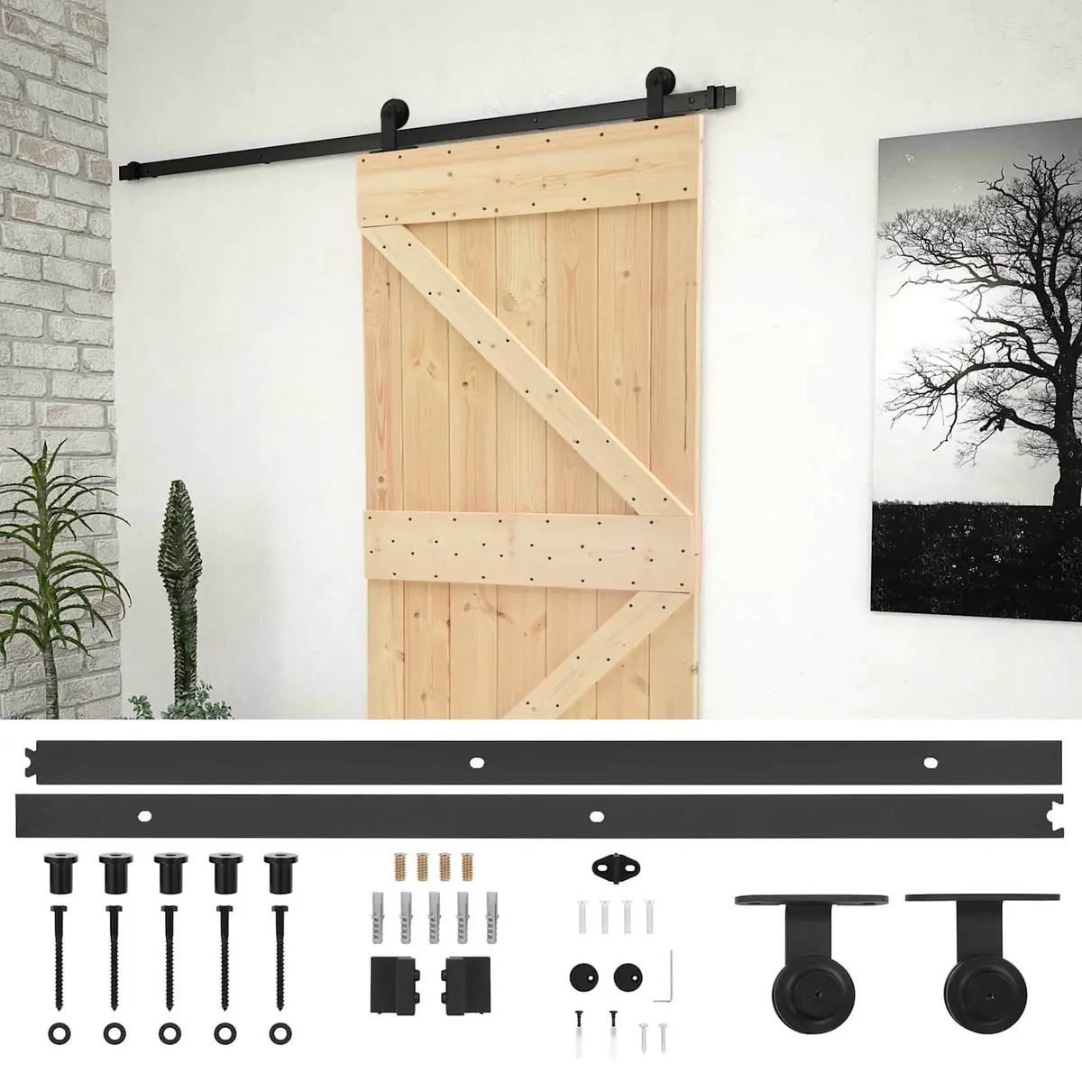 Sliding Door Natural Brown Black 90 x 210 cm Solid Pine Wood Modern Room Divider