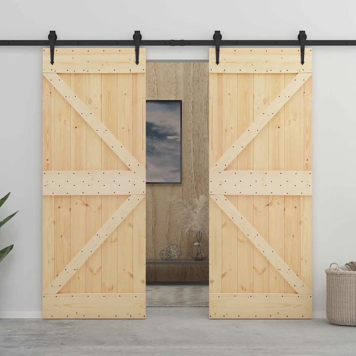 Sliding Door Brown Solid Pine Wood 100 x 210 cm Top Sliding Track Mechanism
