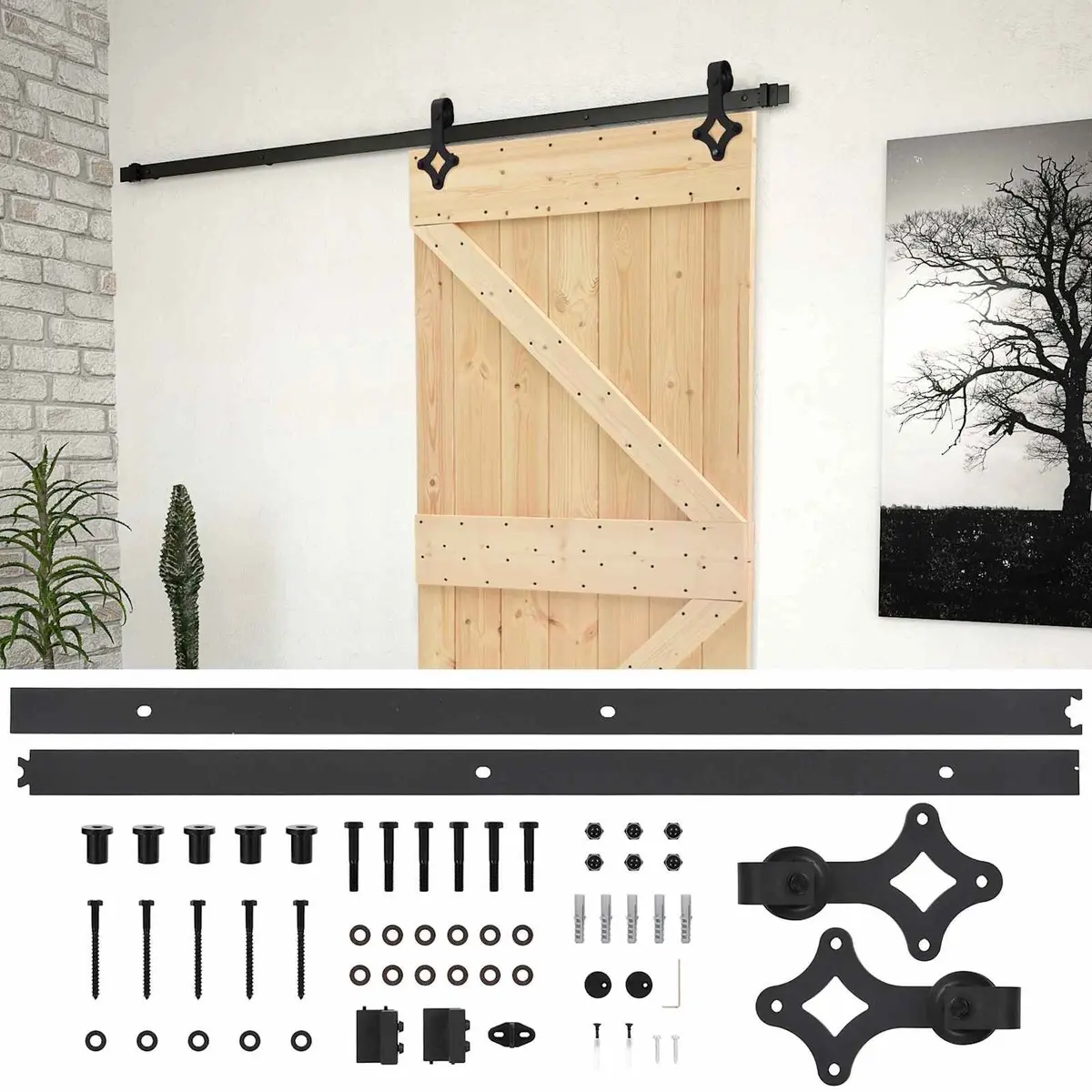 Sliding Door 100 x 210 cm Solid Pine Wood Natural Black Modern Space-Saving