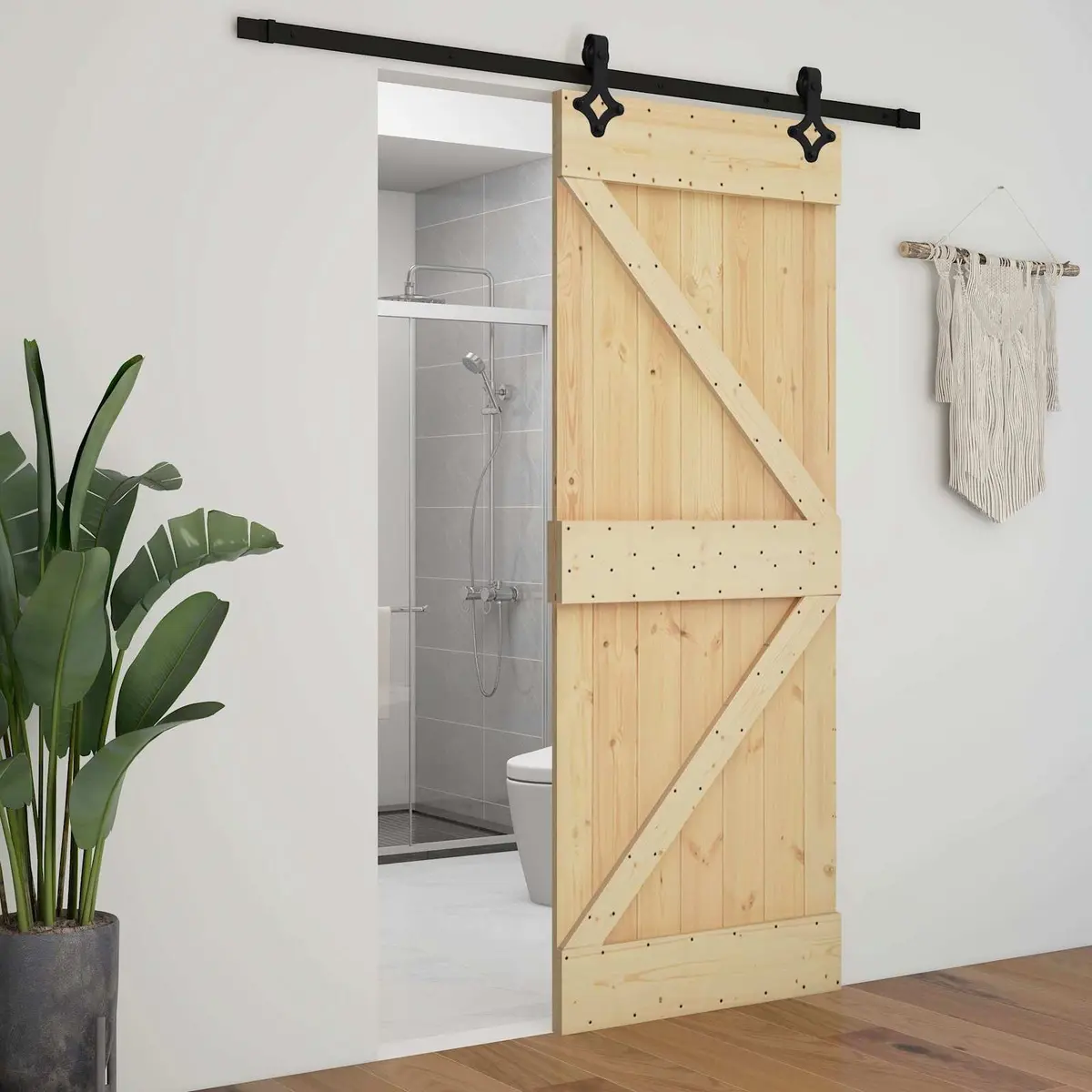 Sliding Door 100 x 210 cm Solid Pine Wood Natural Black Modern Space-Saving