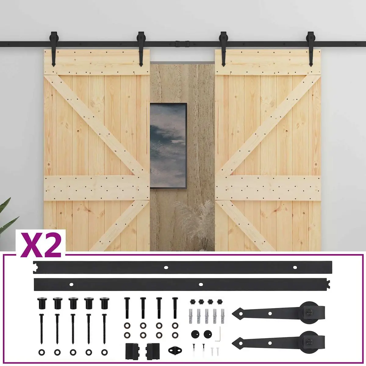 Solid Pine Wood Sliding Door 2 pcs Modern Interior Room Partition Space Saving