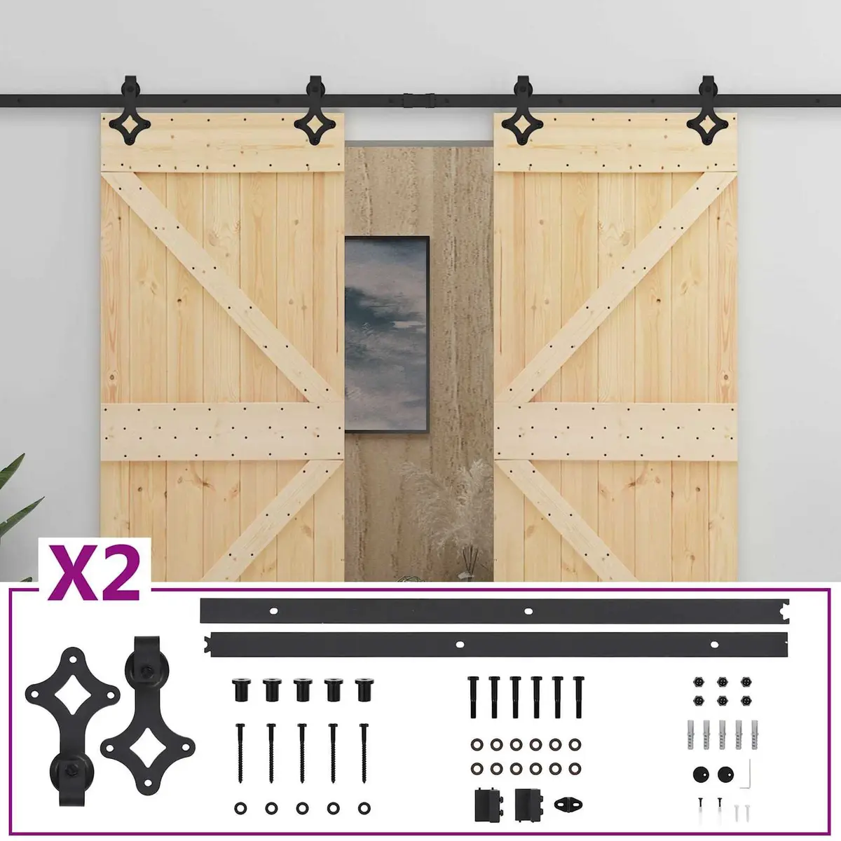 Sliding Door 2 pcs Solid Pine Wood Modern Room Divider Space-Saving Interior
