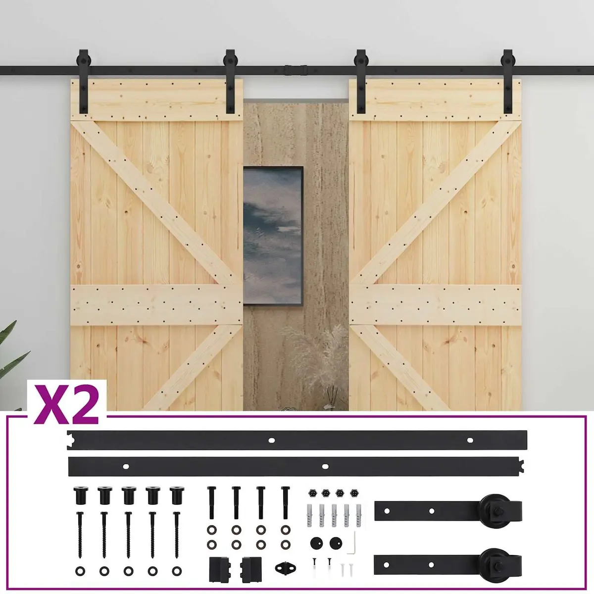 Sliding Door Natural Black 2 pcs Solid Pine Wood Modern Interior Room Divider