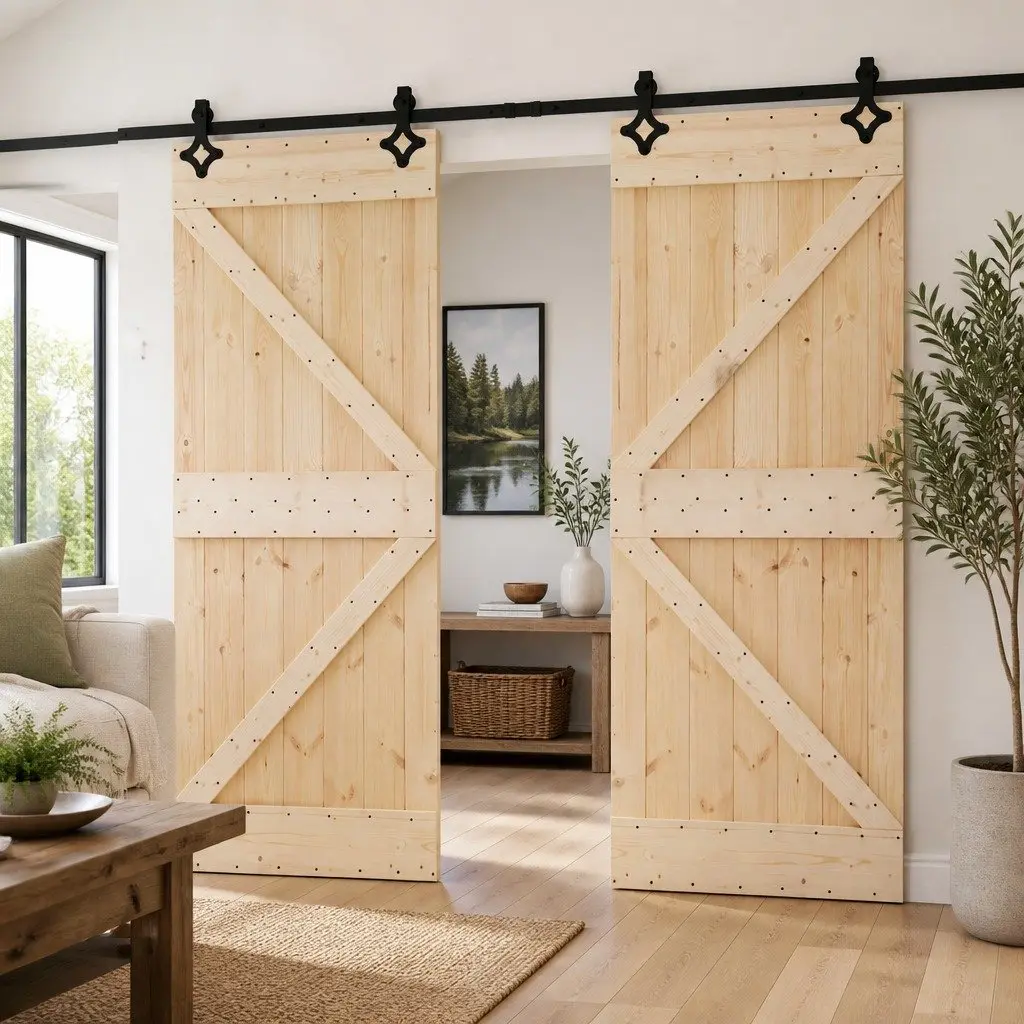 2 pcs Solid Pine Wood Sliding Doors, Easy to Use
