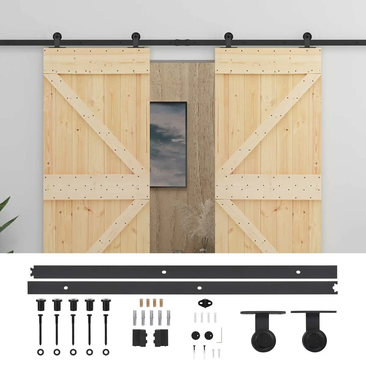 Sliding Door Natural Black 2 Piece Solid Pine Wood Modern Interior Room Divider