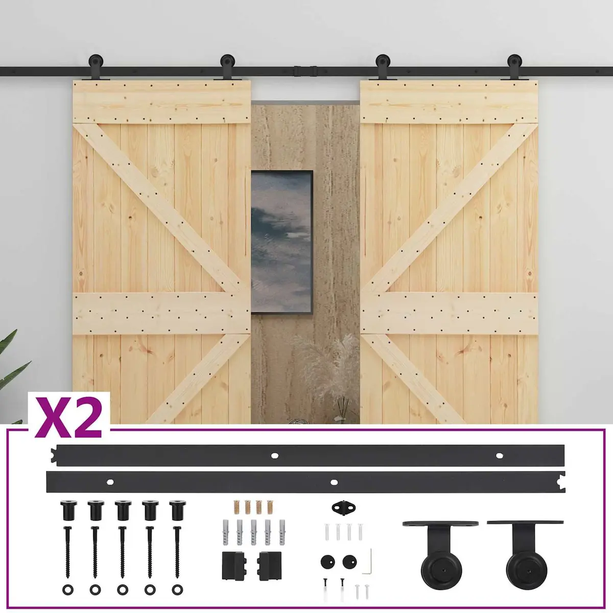 Sliding Door Natural Black 2 Piece Solid Pine Wood Modern Interior Room Divider