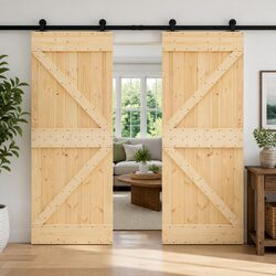 Sliding Door 2 Pcs Solid Pine Wood Modern Space-Saving Room Divider Track System