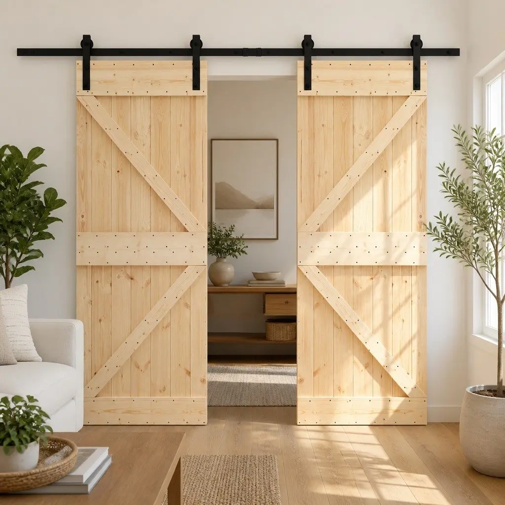 Sliding Door Brown 2 Piece Solid Pine Wood Modern Room Divider Space Saver