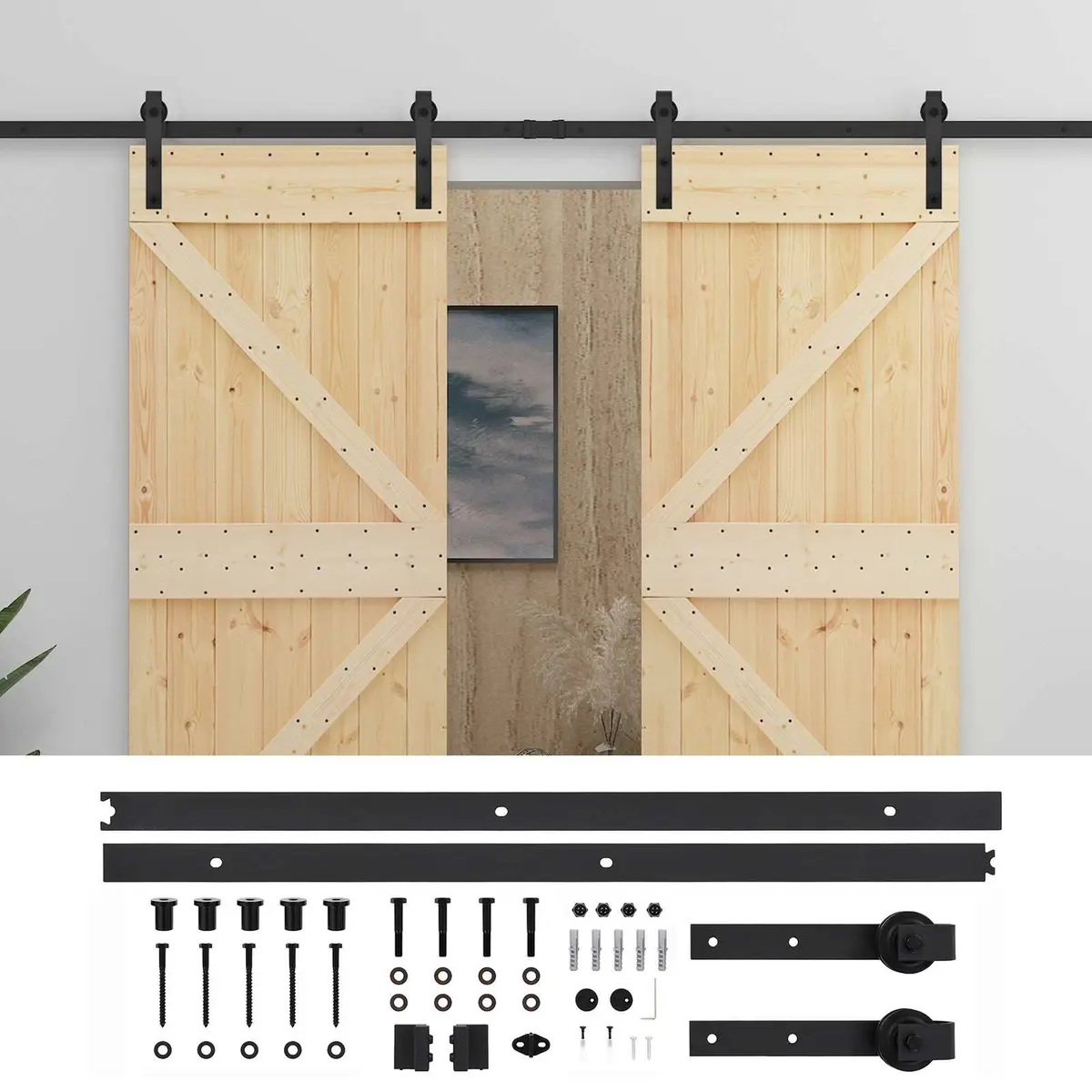Sliding Door Brown 2 Piece Solid Pine Wood Modern Room Divider Space Saver