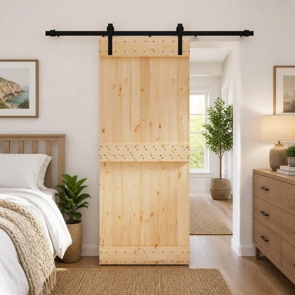 Sliding Door Solid Pine Wood Natural Black 85 x 210 cm Modern Space-Saving Room