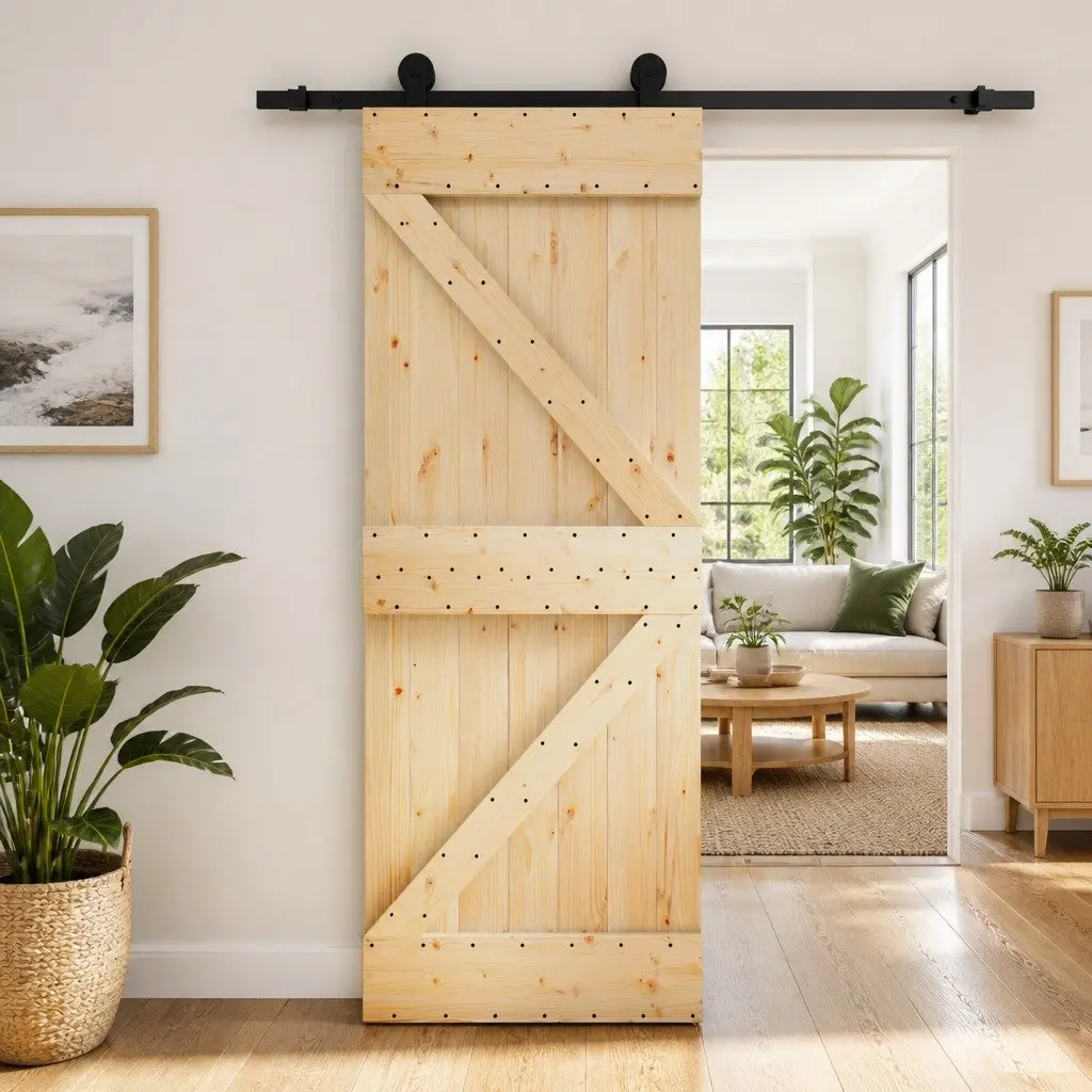 Sliding Door Natural Black 85 x 210 cm Solid Pine Wood Top Track Sliding System
