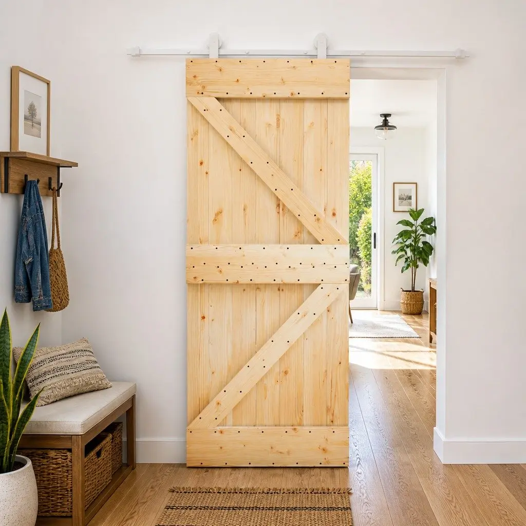 Solid Pine Wood Sliding Door Natural Space-Saving Room Divider 85 x 210 cm