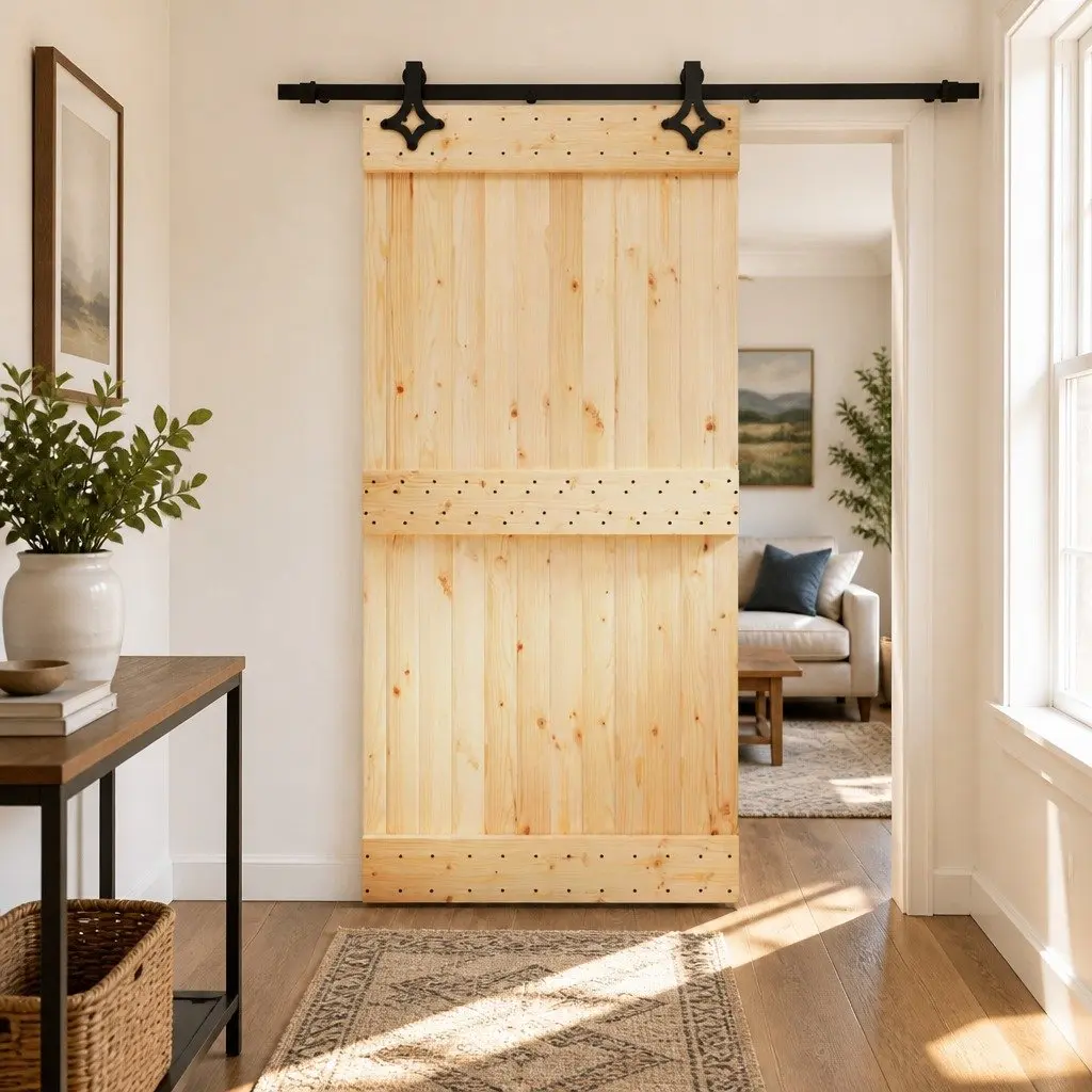 Sliding Door 100x210cm Natural Pine Wood Black Frame Modern Room Divider