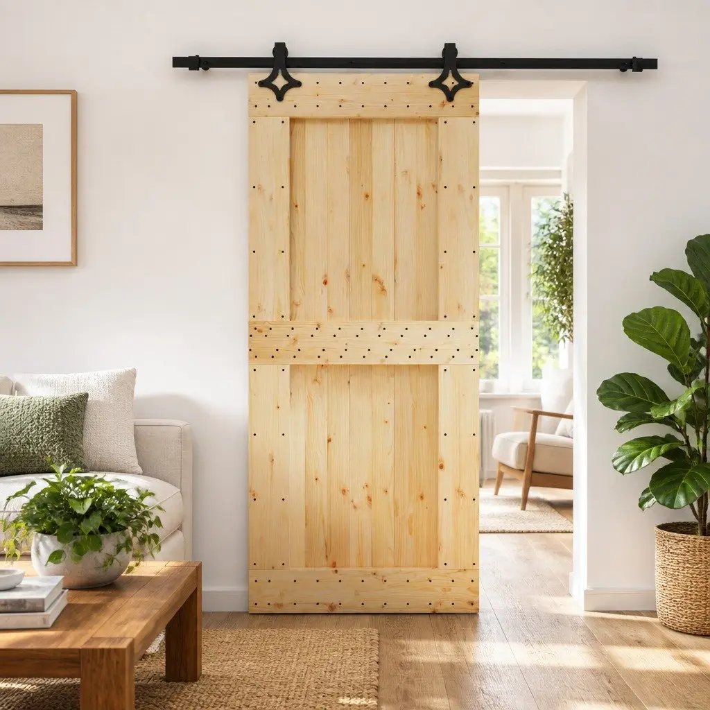 Sliding Door Brown 90 x 210 cm Solid Pine Wood Modern Interior Room