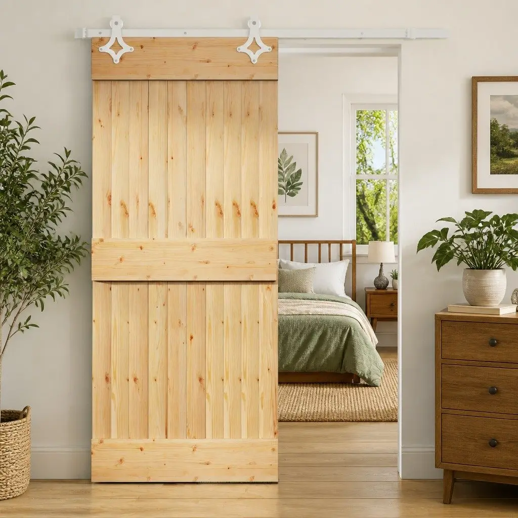 Sliding Door 90 x 210 cm Natural White Solid Pine Wood Modern Interior Room