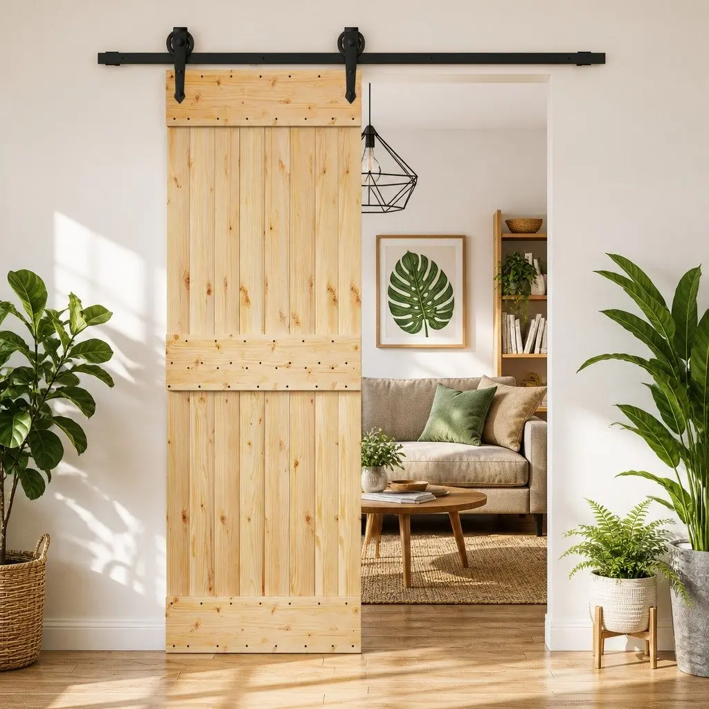Sliding Door Brown 70 x 210 cm Solid Pine Wood Top Track Space Saving