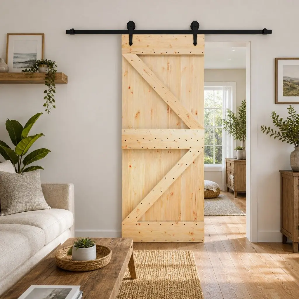 Sliding Door Natural Brown Black 85 x 210 cm Solid Pine Wood Space Saver