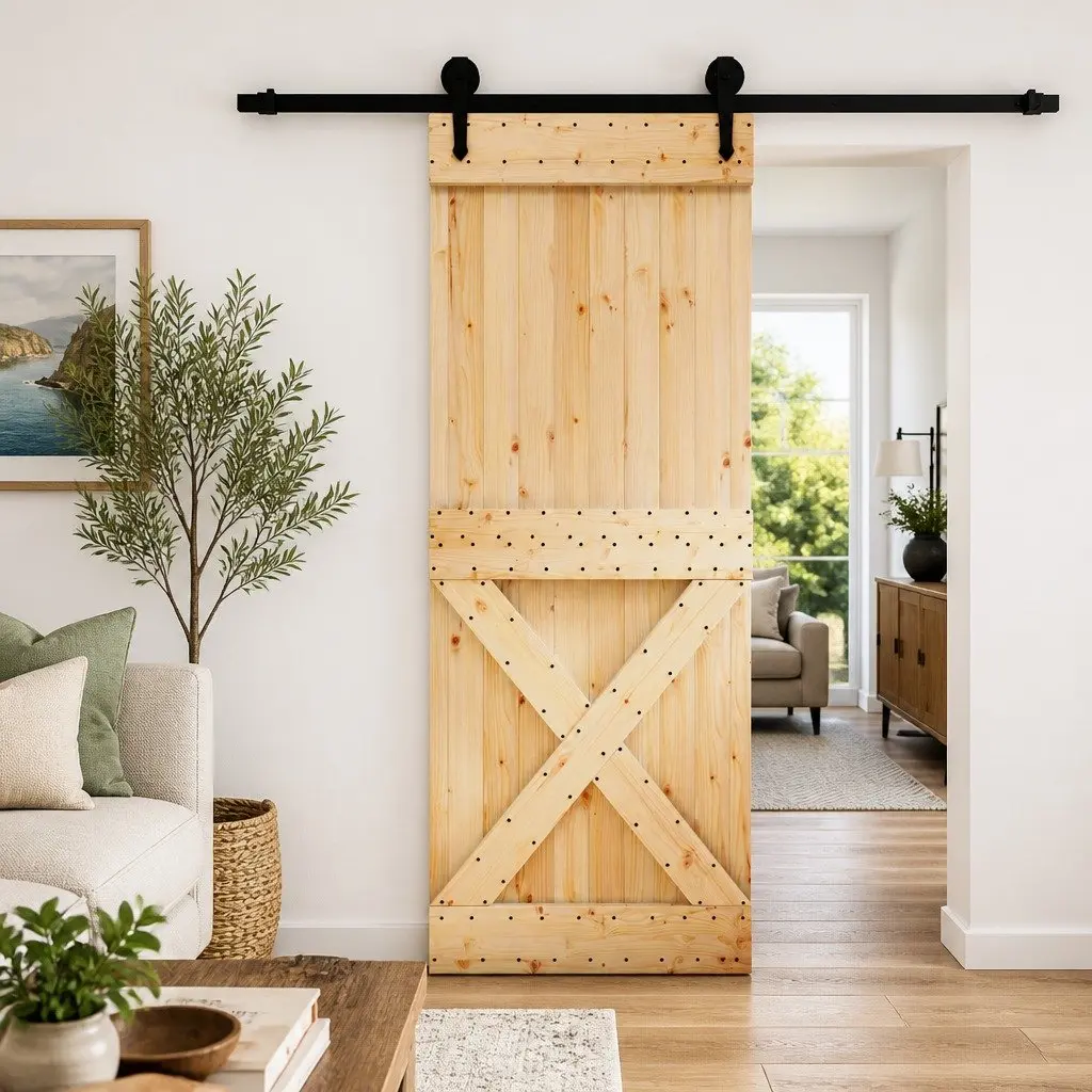 Sliding Door Modern Room Divider Solid Pine Wood Natural Black 80x210cm Space Saving