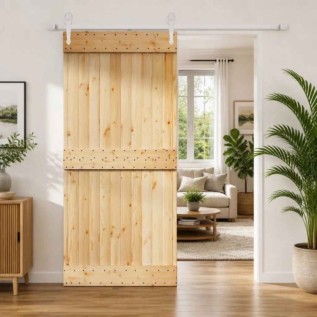 Sliding Door Brown White 95x210cm Solid Pine Wood Modern Interior Room Divider