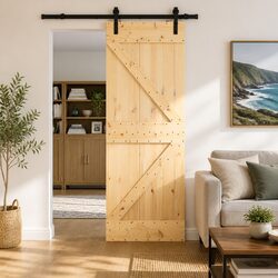 Sliding Door Natural Pine Wood Black Track Modern Design 70x210cm Space-Saving