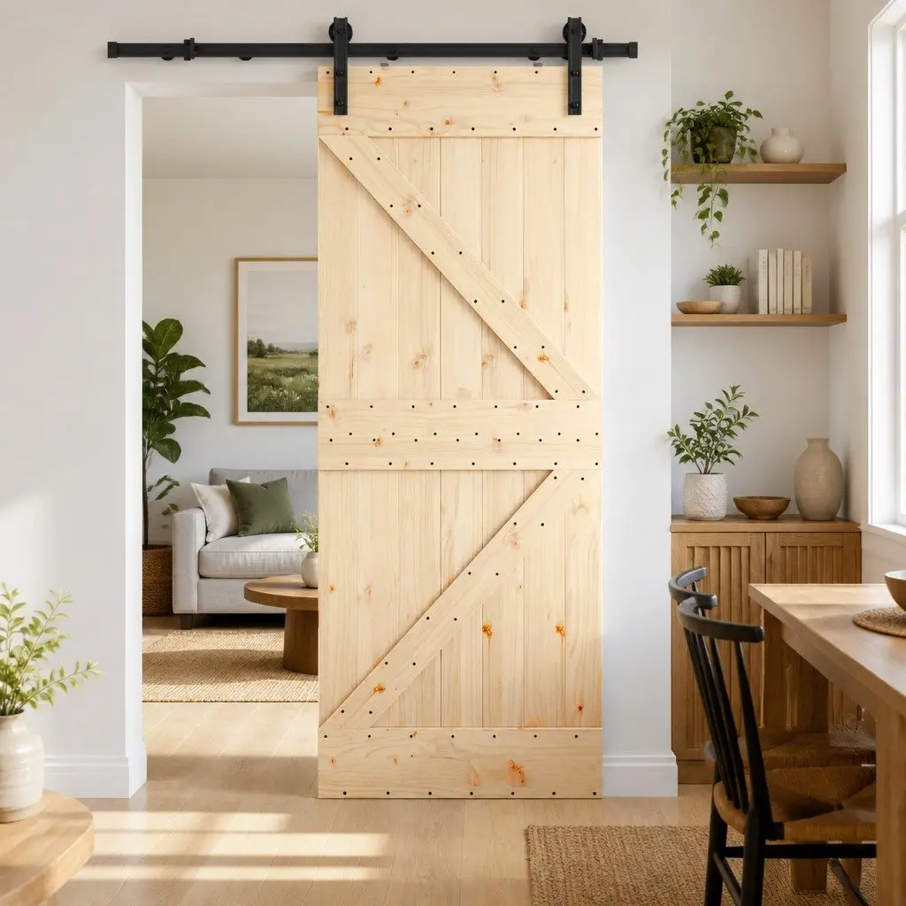 Sliding Door Brown Natural Pine Wood Black Steel Track Space Saving Modern Interior 85cm x 210cm