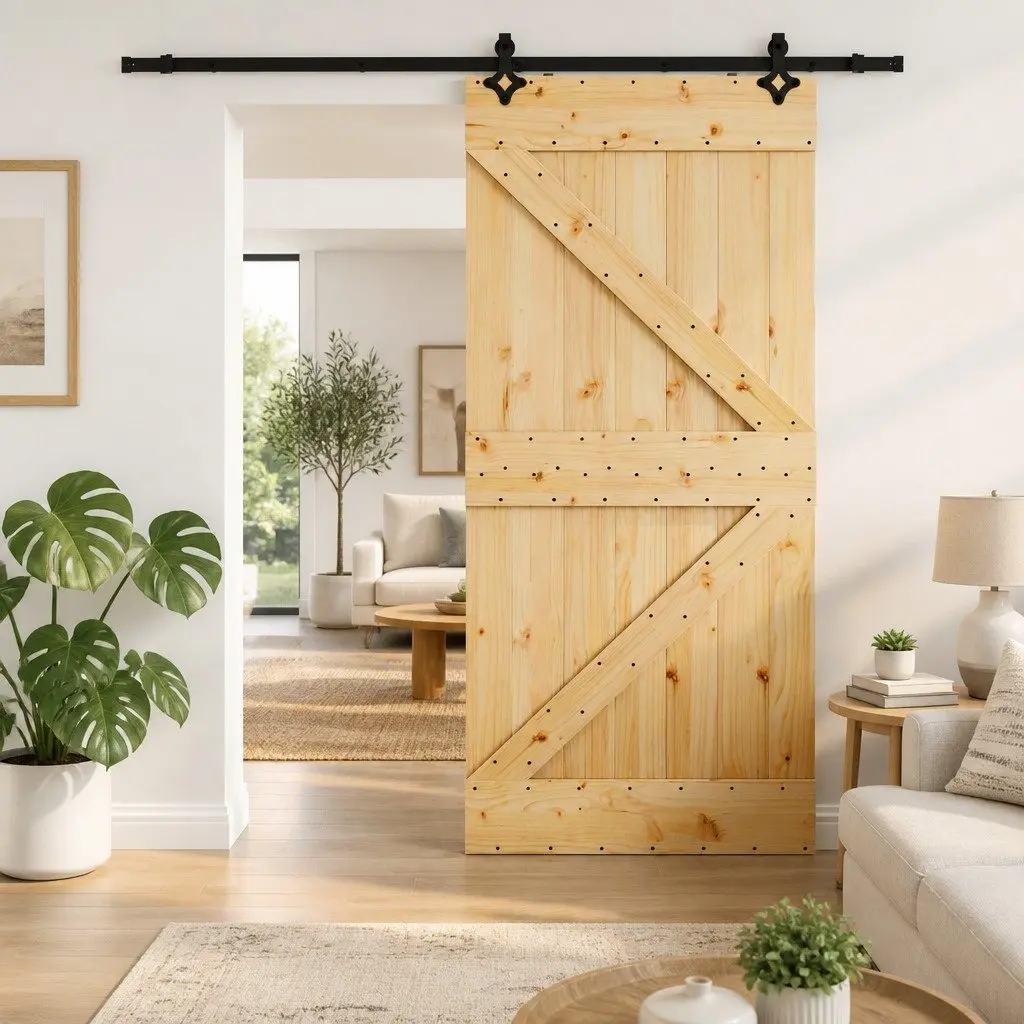 Sliding Door Brown 100x210cm Natural Pine Wood Black Track Modern Room Divider