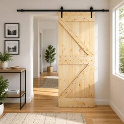 Sliding Door Natural Pine Wood Black Track 80x210cm Modern Room Divider
