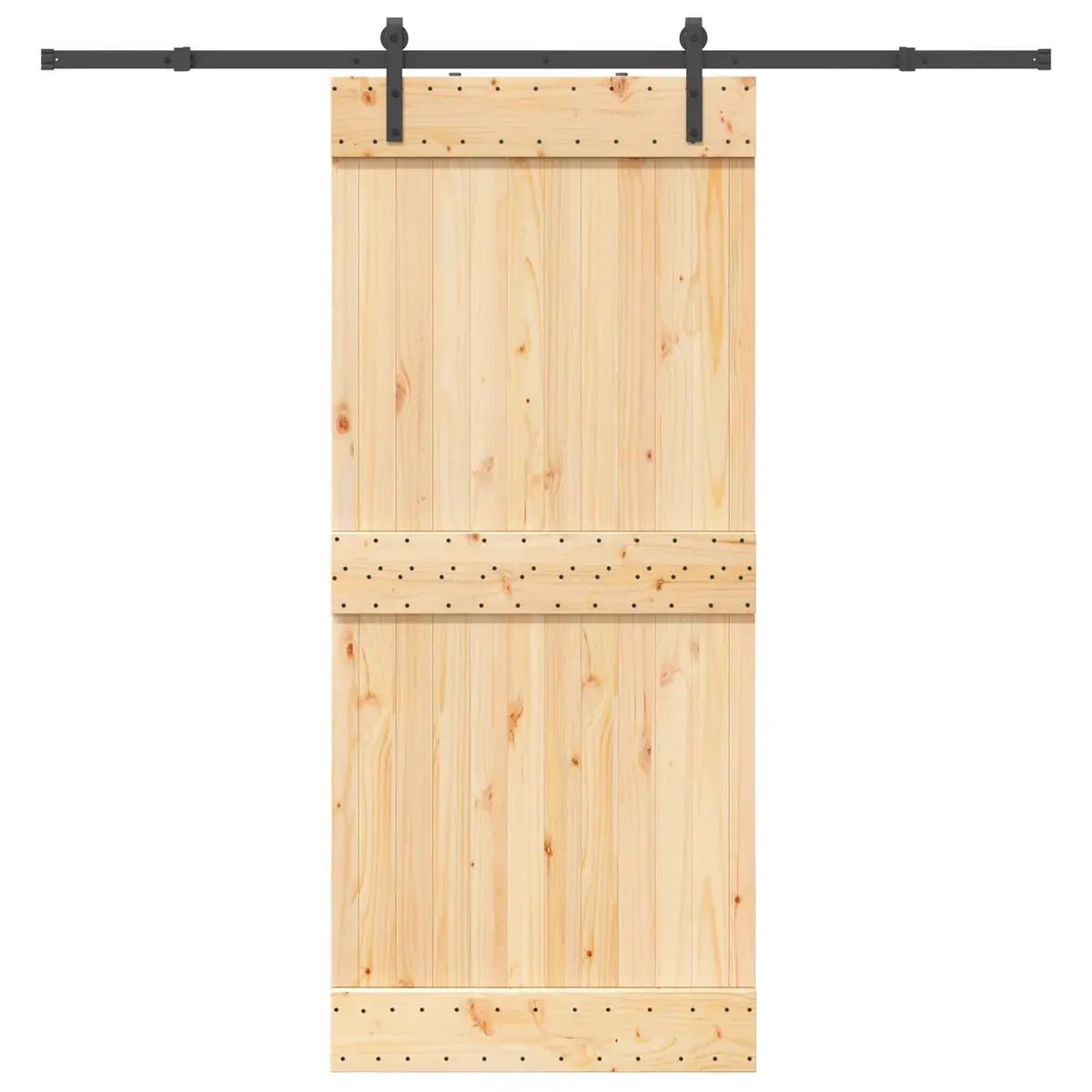 Sliding Door Natural Pine Wood Black Steel Track 90x210cm Modern Space-Saving