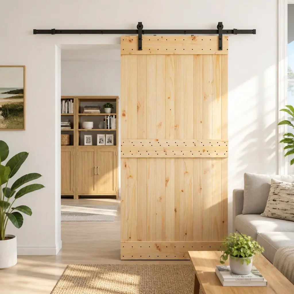Sliding Door Natural Pine Wood Black Frame Modern Interior Space-Saving