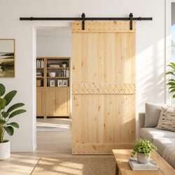 Sliding Door Natural Pine Wood Black Frame Modern Interior Space-Saving