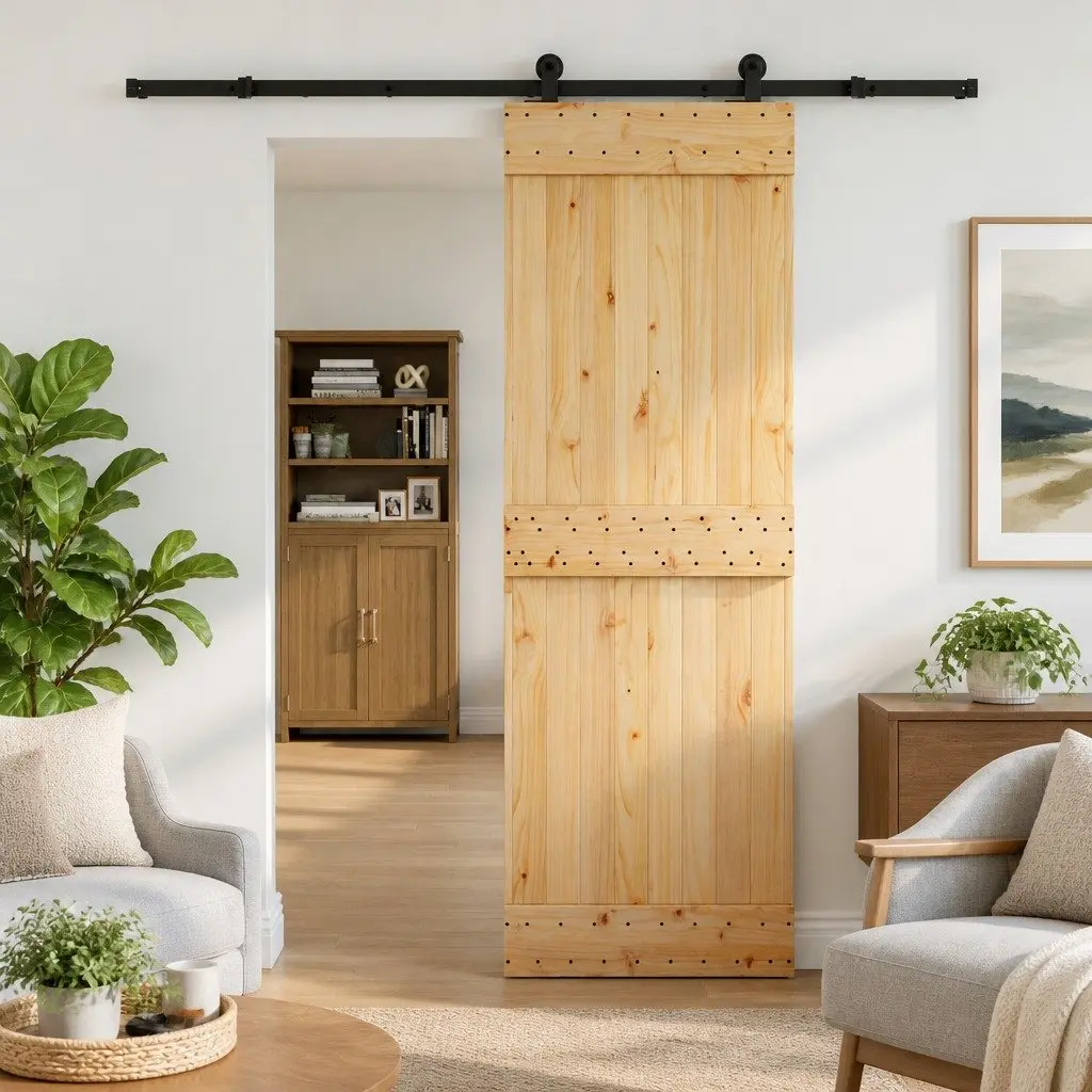 Sliding Door Brown 70x210cm Natural Pine Wood with Black Track Modern Room Divider